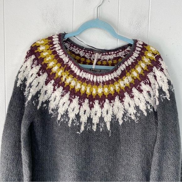 Free People Sweater Gray Knit Sz. Small Baltic Fair Isle Boatneck Bishop Sleeve - Picture 3 of 13